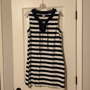 Tommy Bahama Sz L. Sleeveless dress, cotton. Navy/white striped/lace up front.